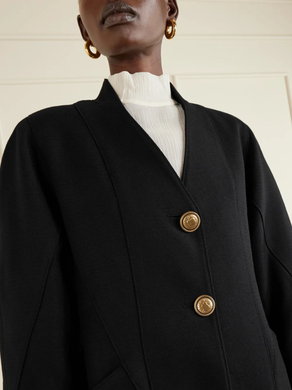Close-up detail of the Maison Mayle Ines Paneled Wool-twill Coat