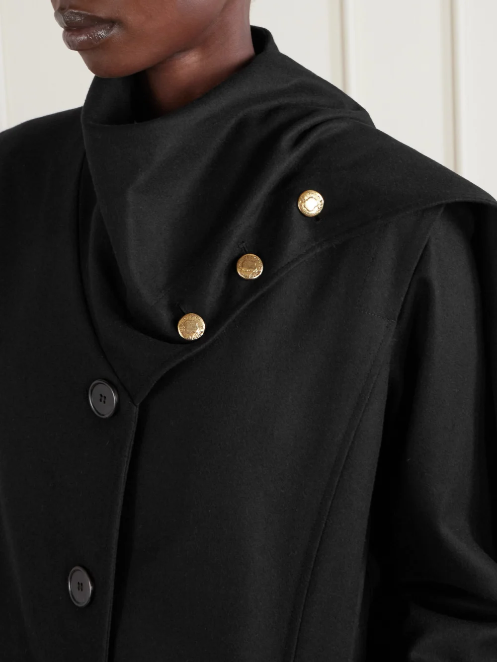 Close-up detail of the Maison Mayle Isadore Scarf-detailed Wool-blend Coat