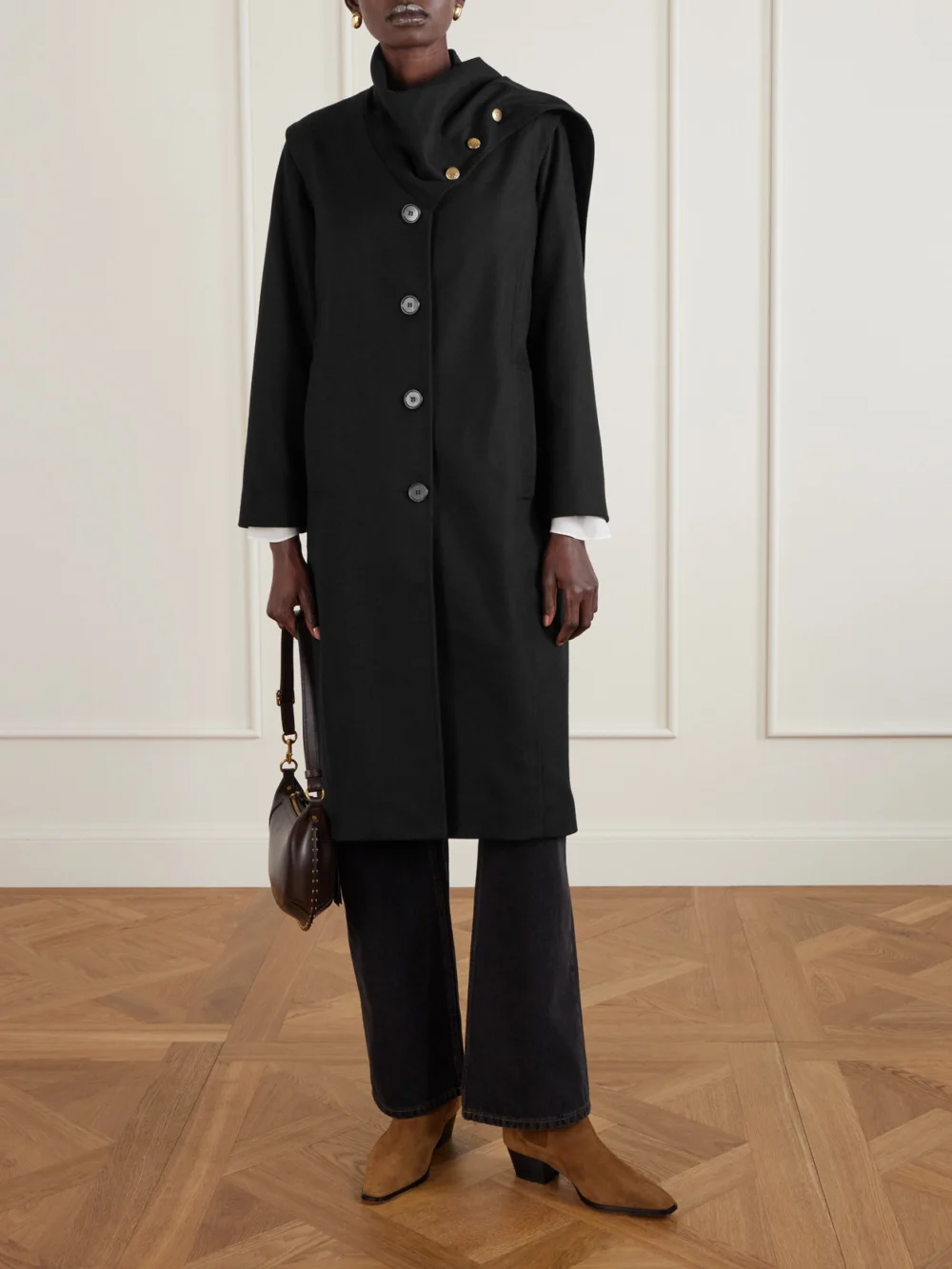 Maison Mayle Isadore Scarf-detailed Wool-blend Coat, worn by a model