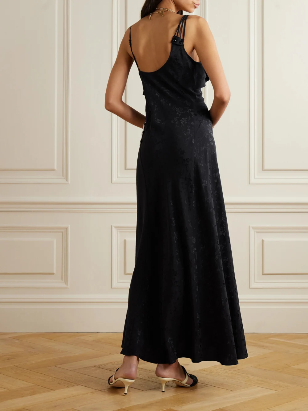 Back view of the Maison Mayle Izadora Ruffled Guipure Lace-trimmed Silk-jacquard Maxi Dress