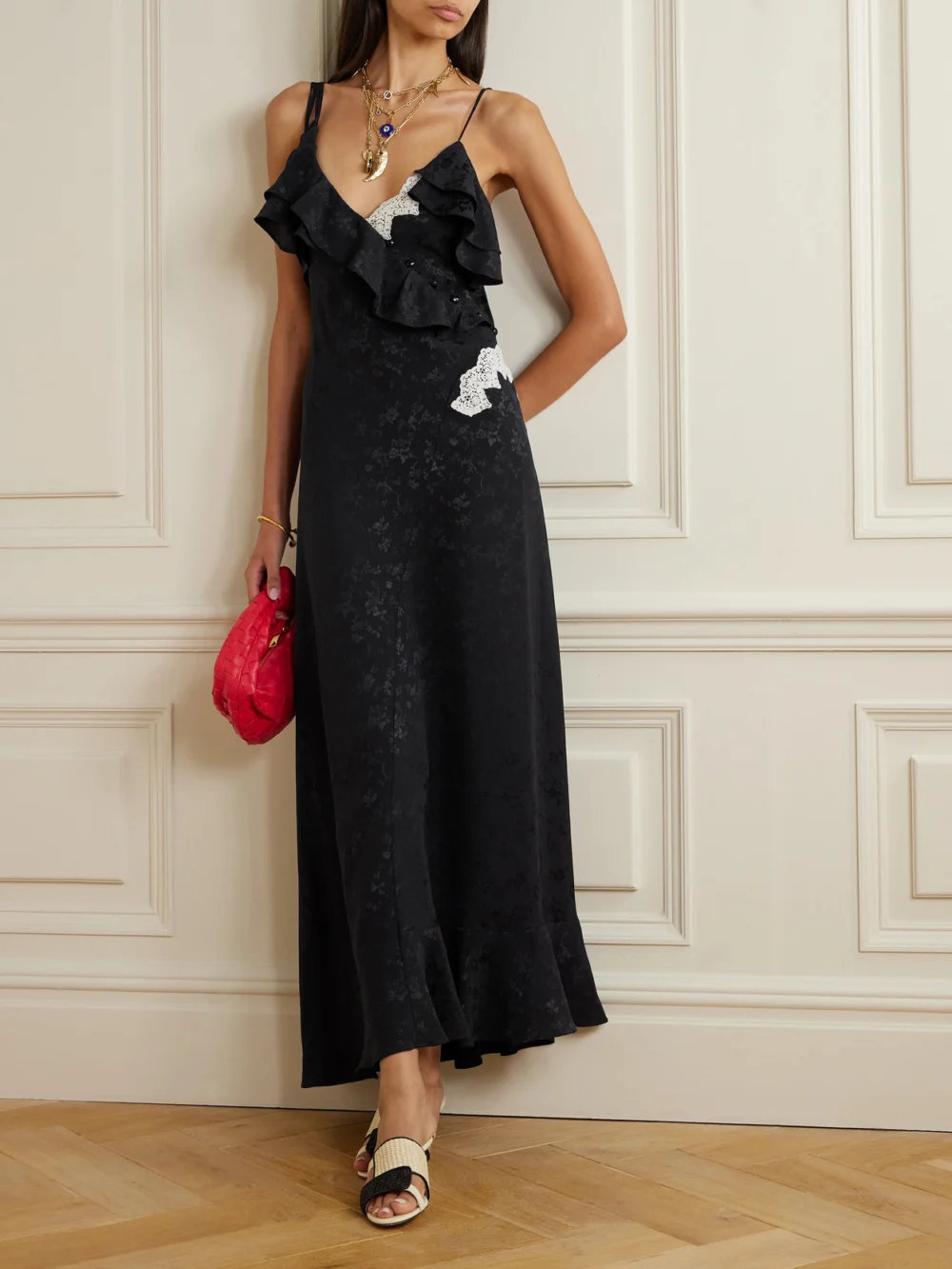 Maison Mayle Izadora Ruffled Guipure Lace-trimmed Silk-jacquard Maxi Dress, worn by a model