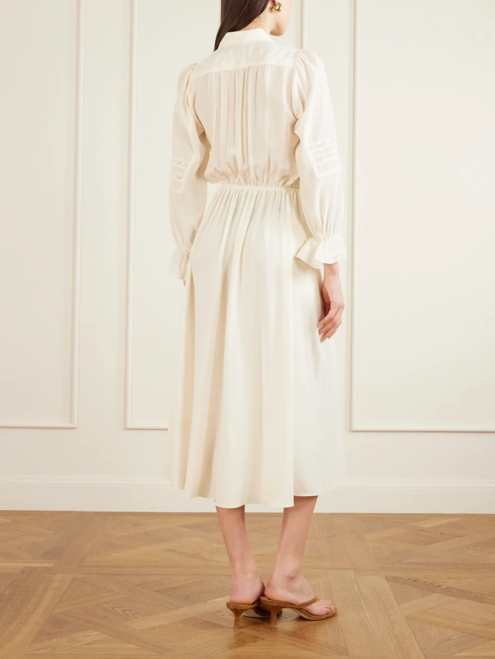 Back view of the Maison Mayle Joeldi Ruffled Lace-trimmed Silk Charmeuse and Crepe De Chine Dress