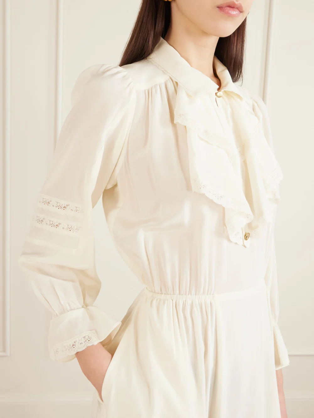 Close-up detail of the Maison Mayle Joeldi Ruffled Lace-trimmed Silk Charmeuse and Crepe De Chine Dress