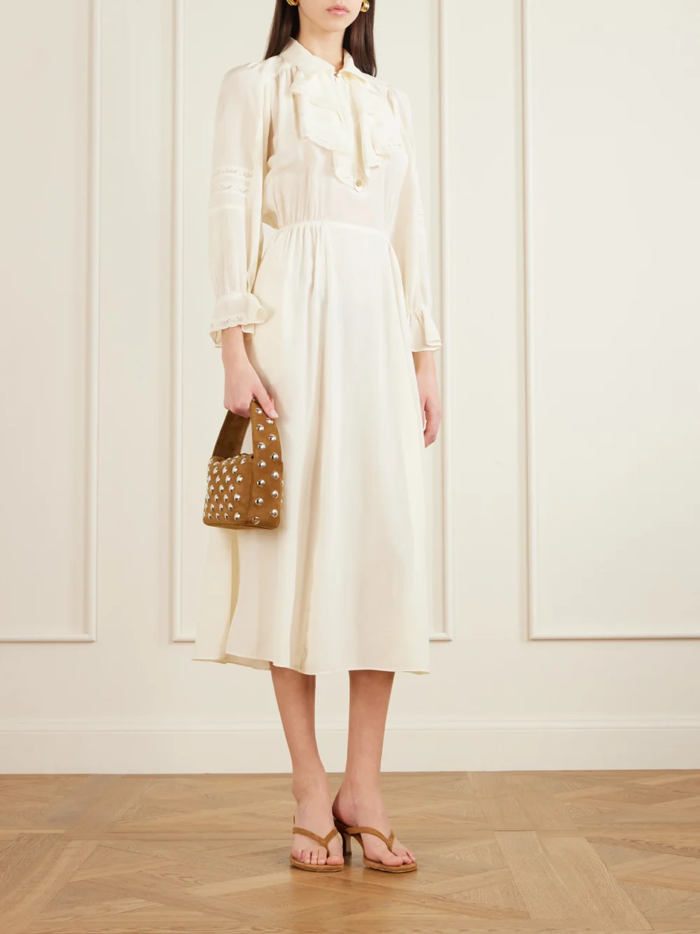 Maison Mayle Joeldi Ruffled Lace-trimmed Silk Charmeuse and Crepe De Chine Dress, worn by a model