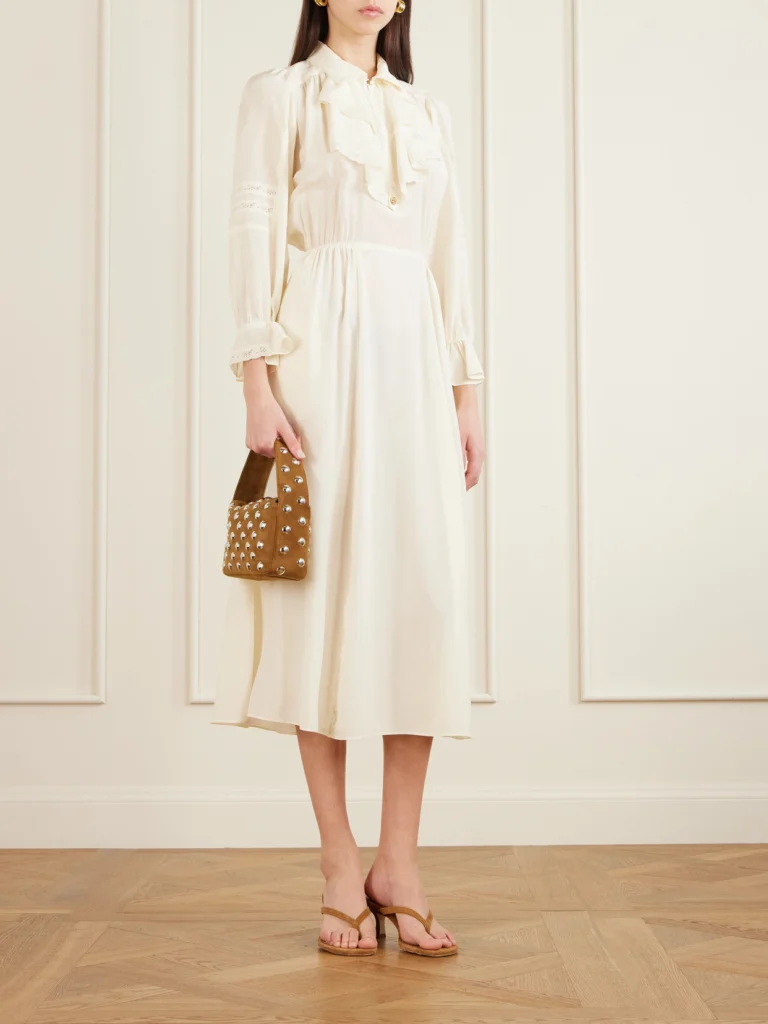 Maison Mayle Joeldi Ruffled Lace-trimmed Silk Charmeuse and Crepe De Chine Dress