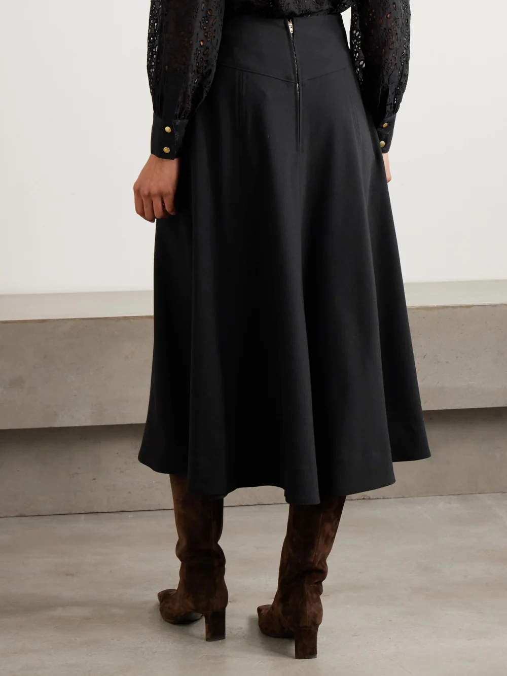 Back view of the Maison Mayle Kit Embellished Leather-trimmed Woven Midi Skirt