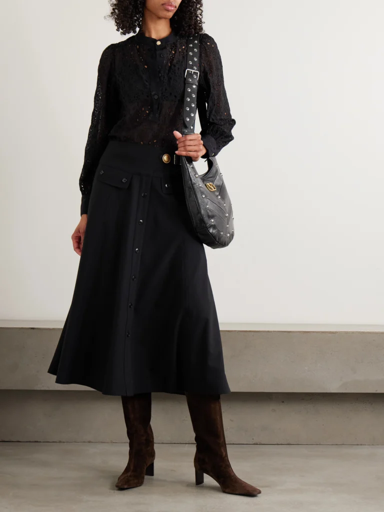 Maison Mayle Kit Embellished Leather-trimmed Woven Midi Skirt