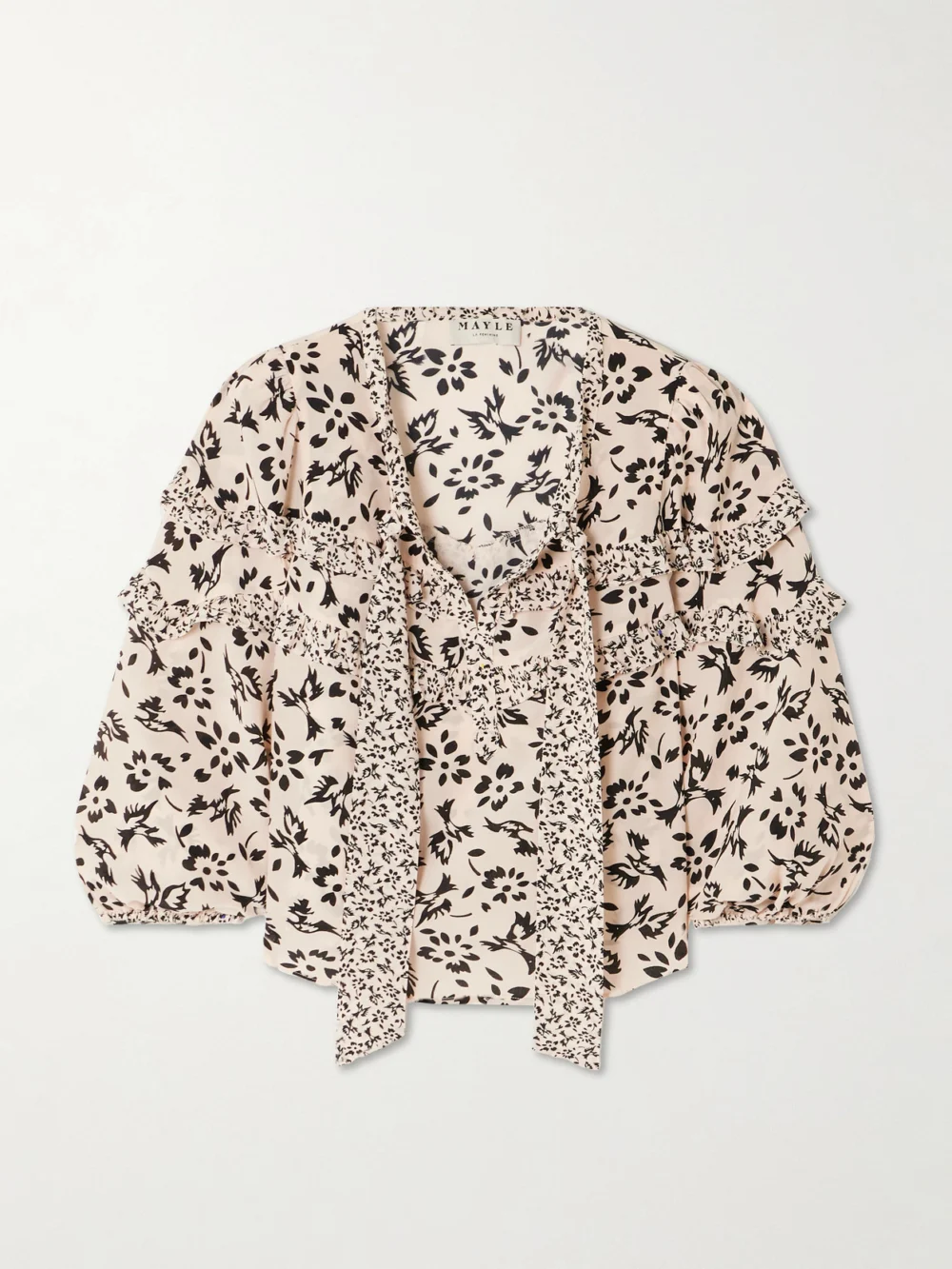 Maison Mayle Majorelle Tie-detailed Ruffled Floral-print Silk Crepe De Chine Blouse in multi
