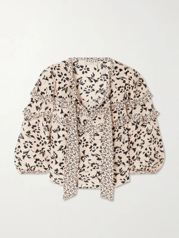 Maison Mayle Majorelle Tie-detailed Ruffled Floral-print Silk Crepe De Chine Blouse