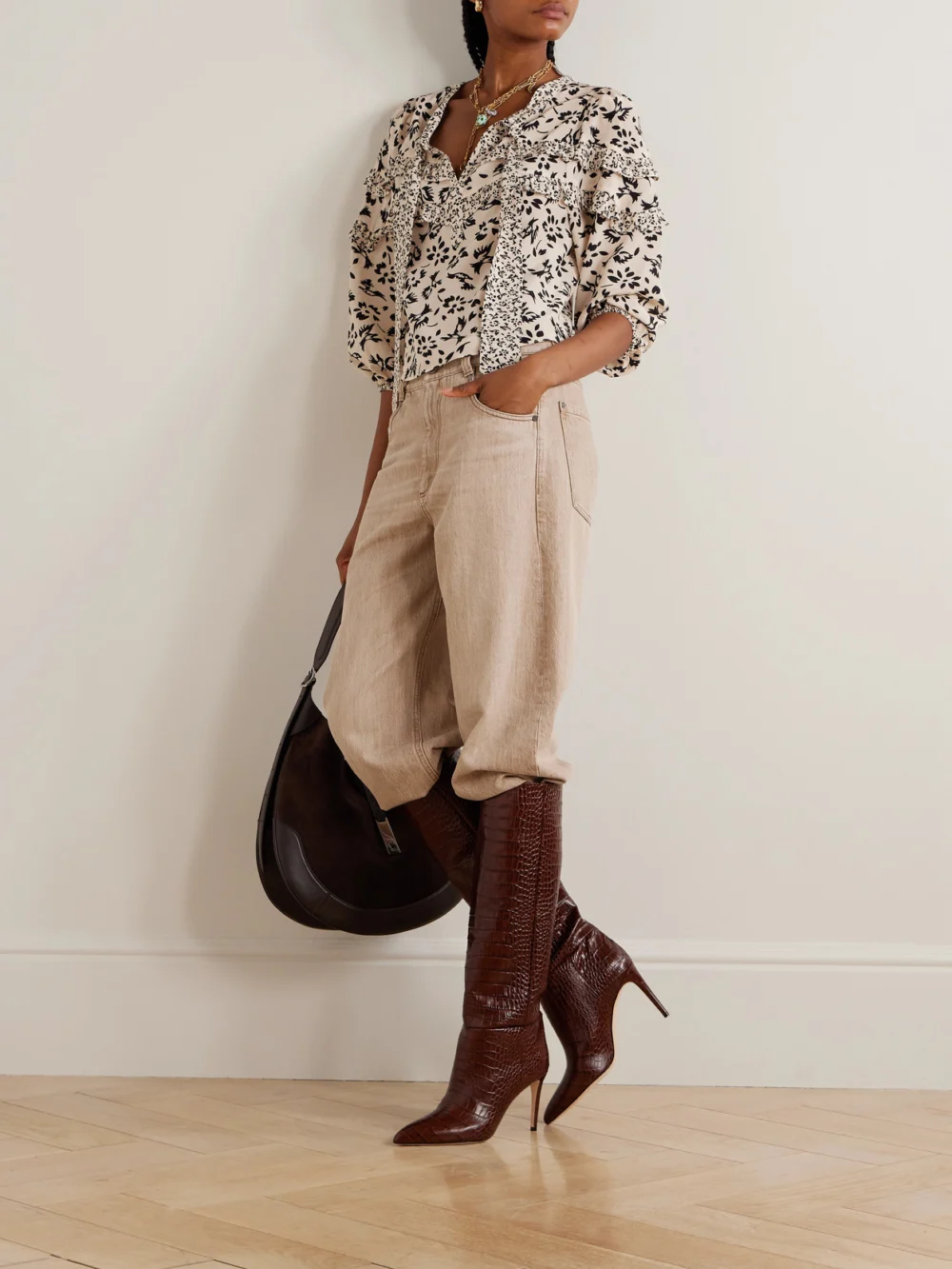 Maison Mayle Majorelle Tie-detailed Ruffled Floral-print Silk Crepe De Chine Blouse, worn by a model