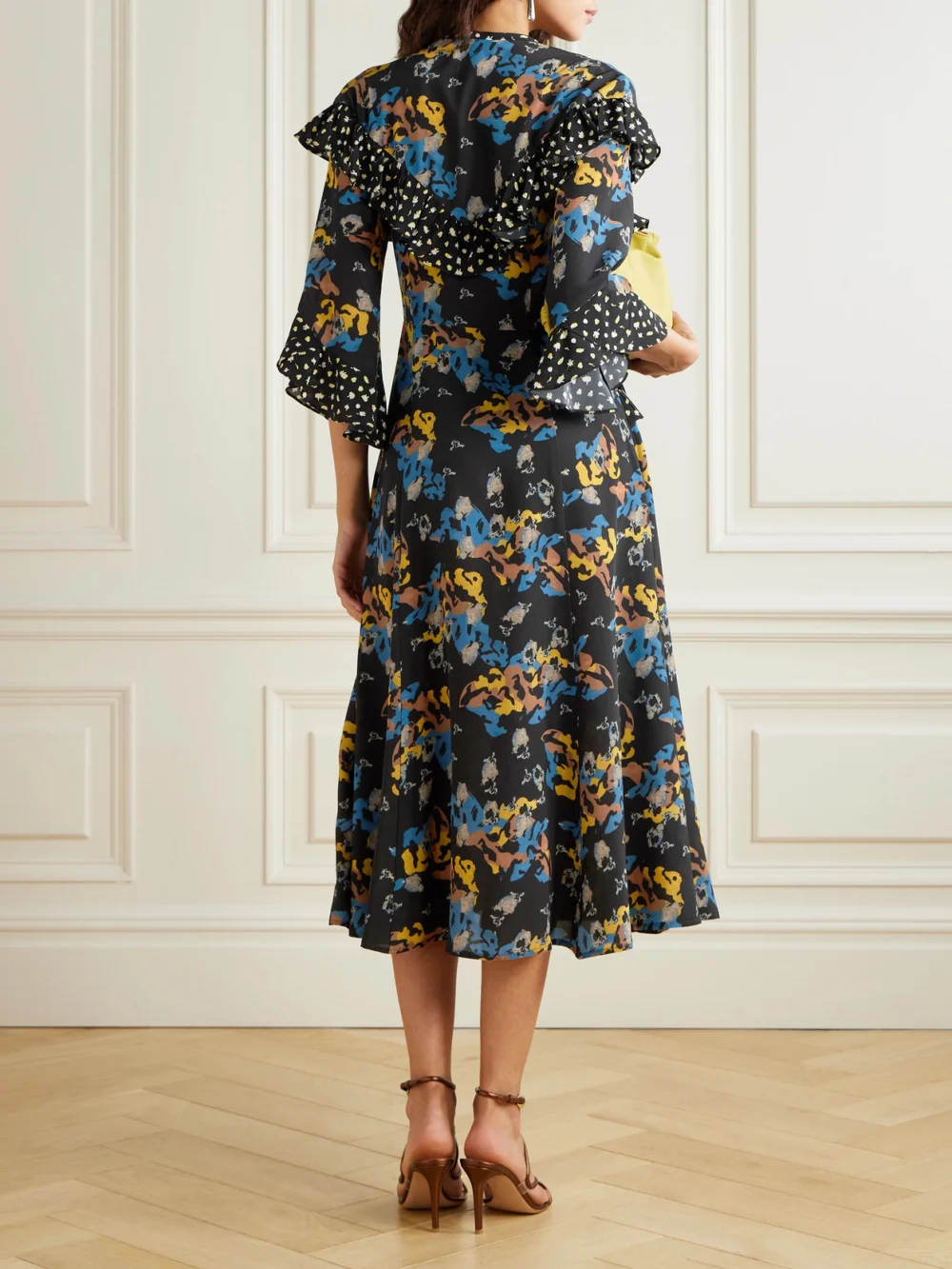 Back view of the Maison Mayle Majorelle Tie-neck Ruffled Printed Silk-voile Midi Dress