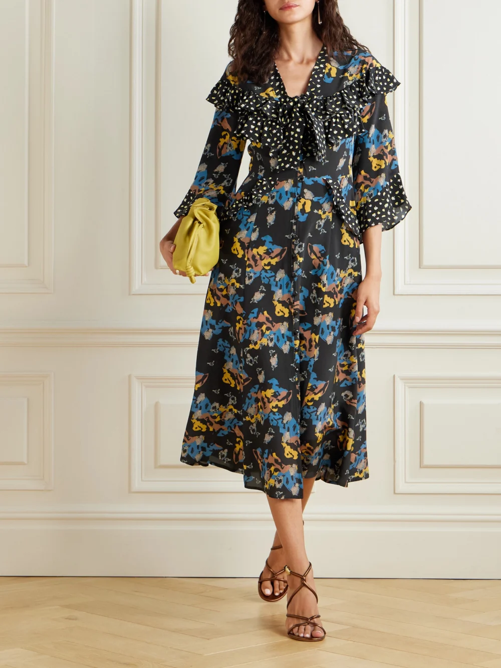Maison Mayle Majorelle Tie-neck Ruffled Printed Silk-voile Midi Dress, worn by a model