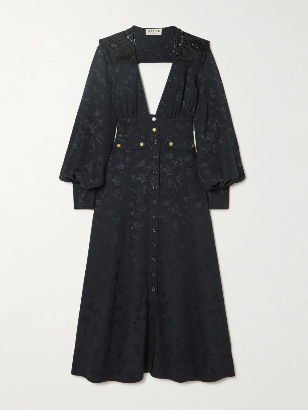Maison Mayle Nerina Gathered Guipure Lace-trimmed Silk-jacquard Midi Dress in black