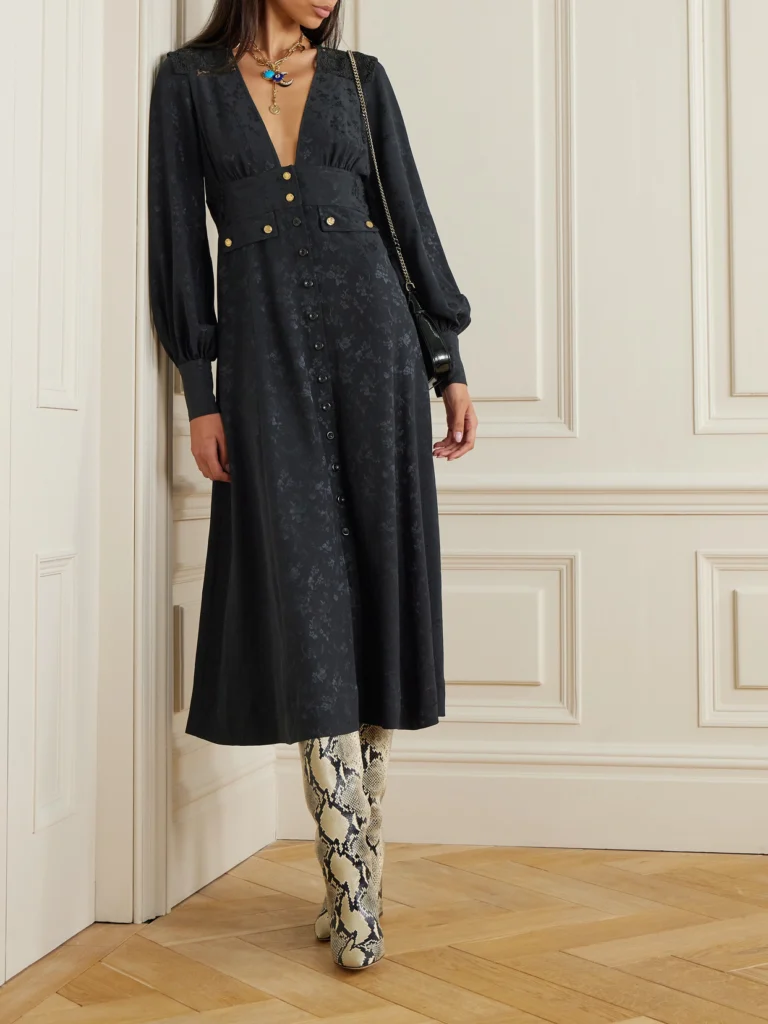 Maison Mayle Nerina Gathered Guipure Lace-trimmed Silk-jacquard Midi Dress
