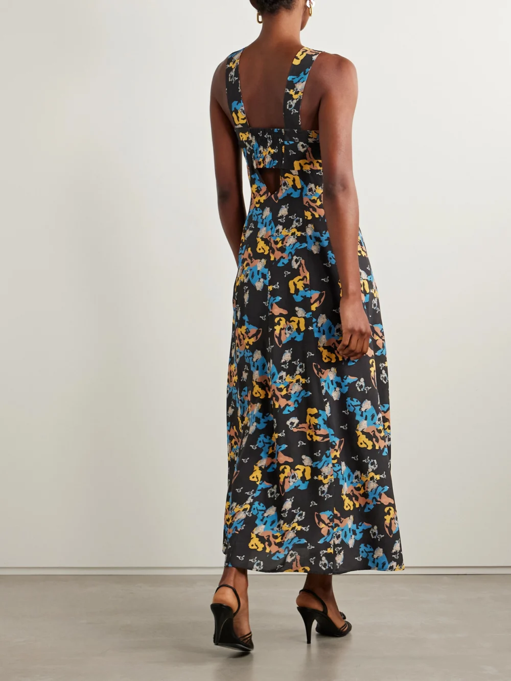 Back view of the Maison Mayle Patapan Cutout Printed Silk-crepe Midi Dress