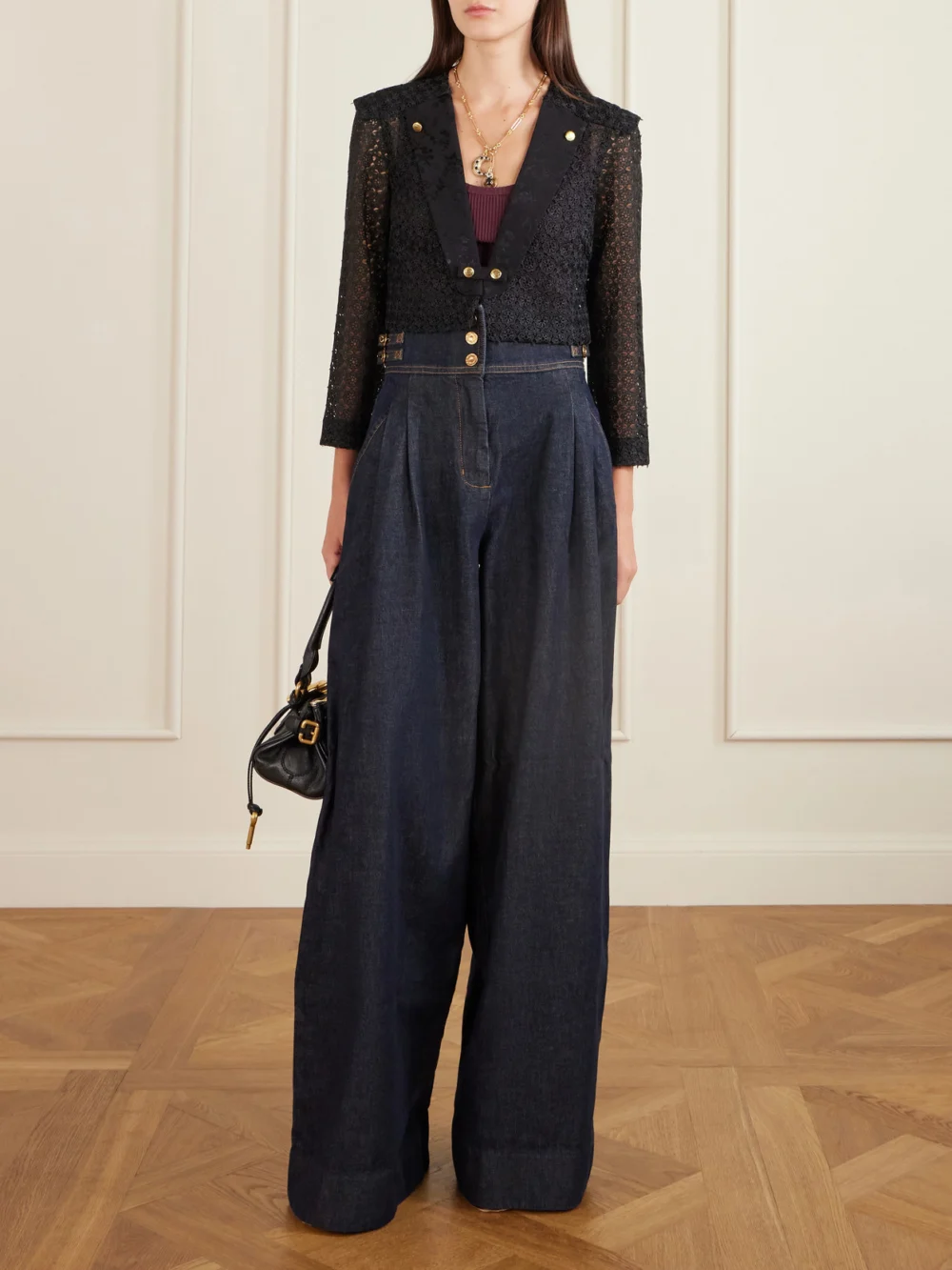 Maison Mayle Rae Cropped Silk Jacquard-trimmed Lace Jacket, worn by a model