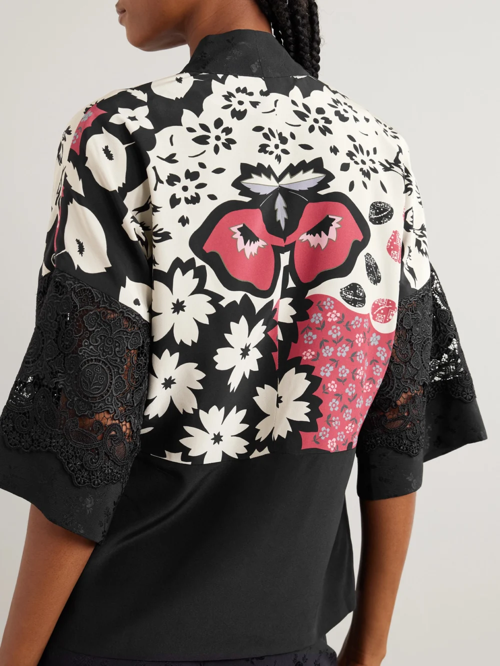 Back view of the Maison Mayle Sunset Tasseled Lace-trimmed Floral-print Silk Crepe De Chine Jacket
