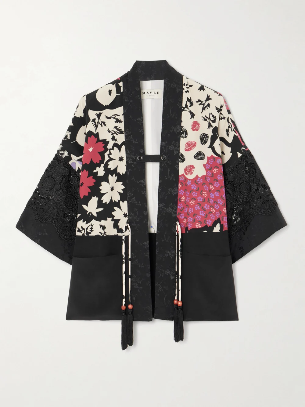 Maison Mayle Sunset Tasseled Lace-trimmed Floral-print Silk Crepe De Chine Jacket in multi