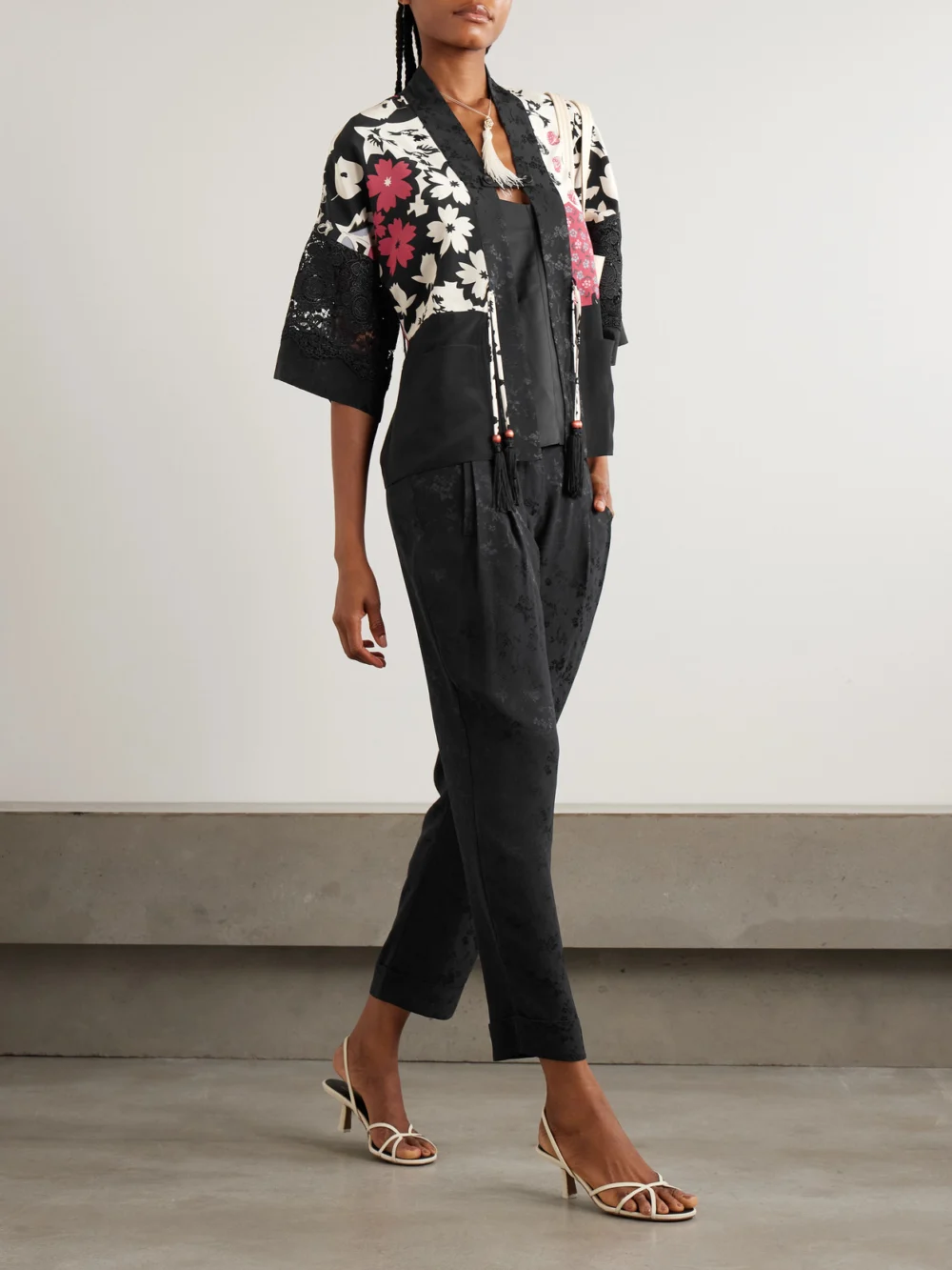 Maison Mayle Sunset Tasseled Lace-trimmed Floral-print Silk Crepe De Chine Jacket, worn by a model
