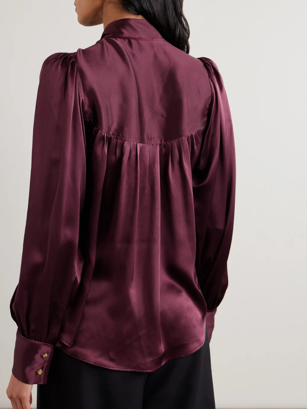 Back view of the Maison Mayle Val D'isere Gathered Silk-charmeuse Blouse
