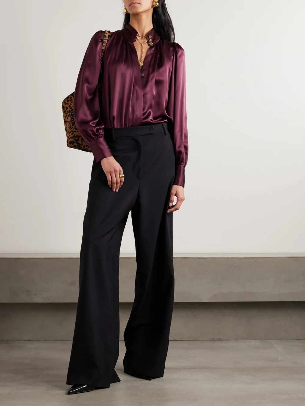 Maison Mayle Val D'isere Gathered Silk-charmeuse Blouse, worn by a model