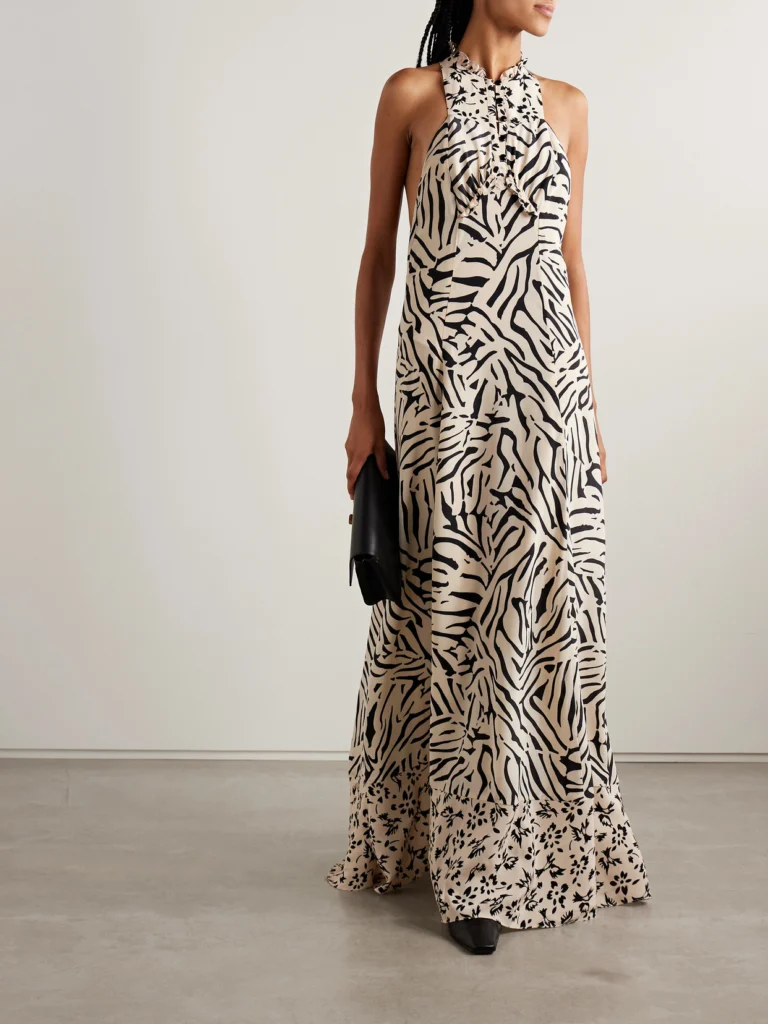 Maison Mayle Valentine Ruffled Printed Silk-crepe Halterneck Maxi Dress