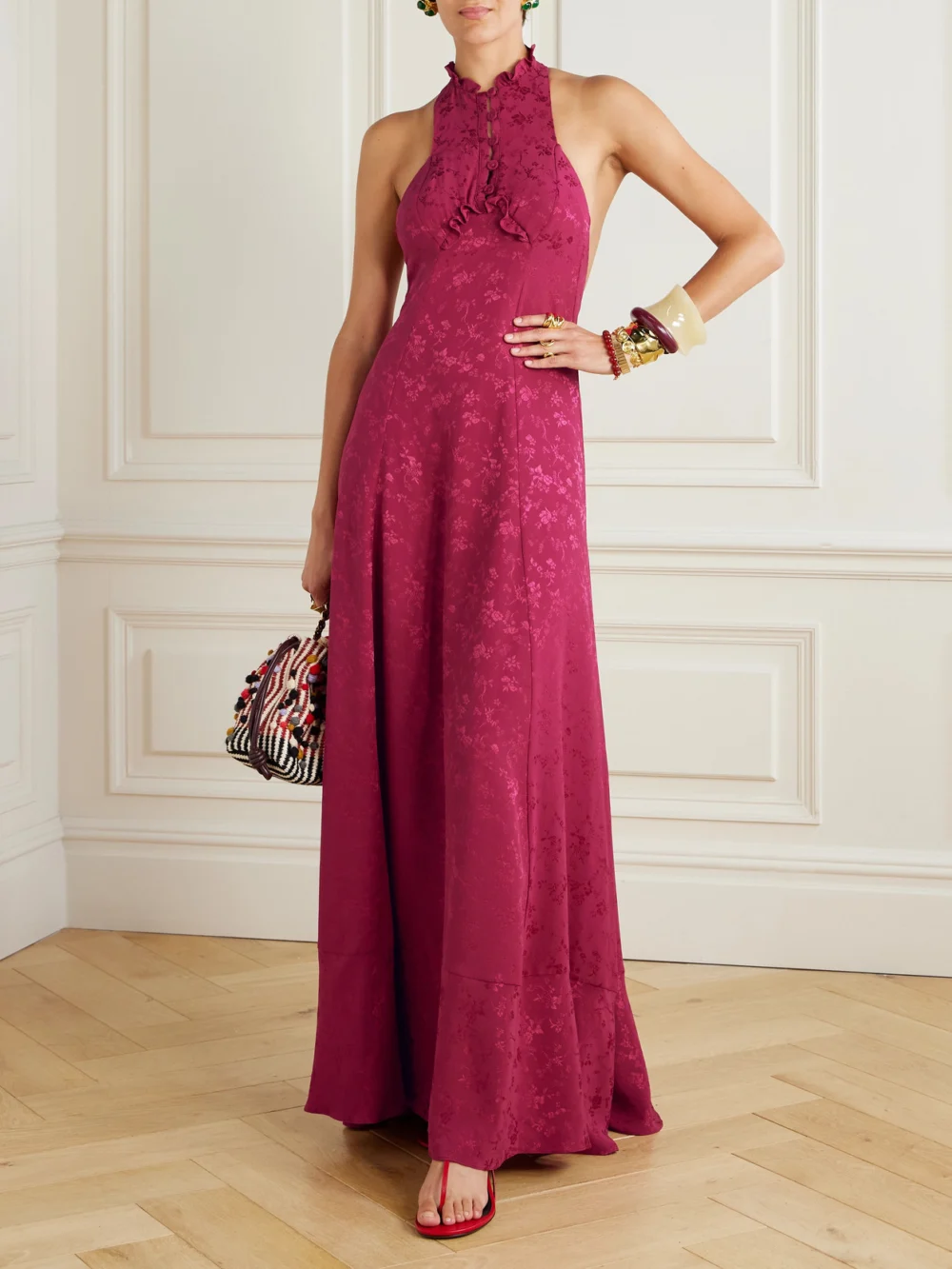Maison Mayle Valentine Ruffled Silk-jacquard Halterneck Maxi Dress, worn by a model