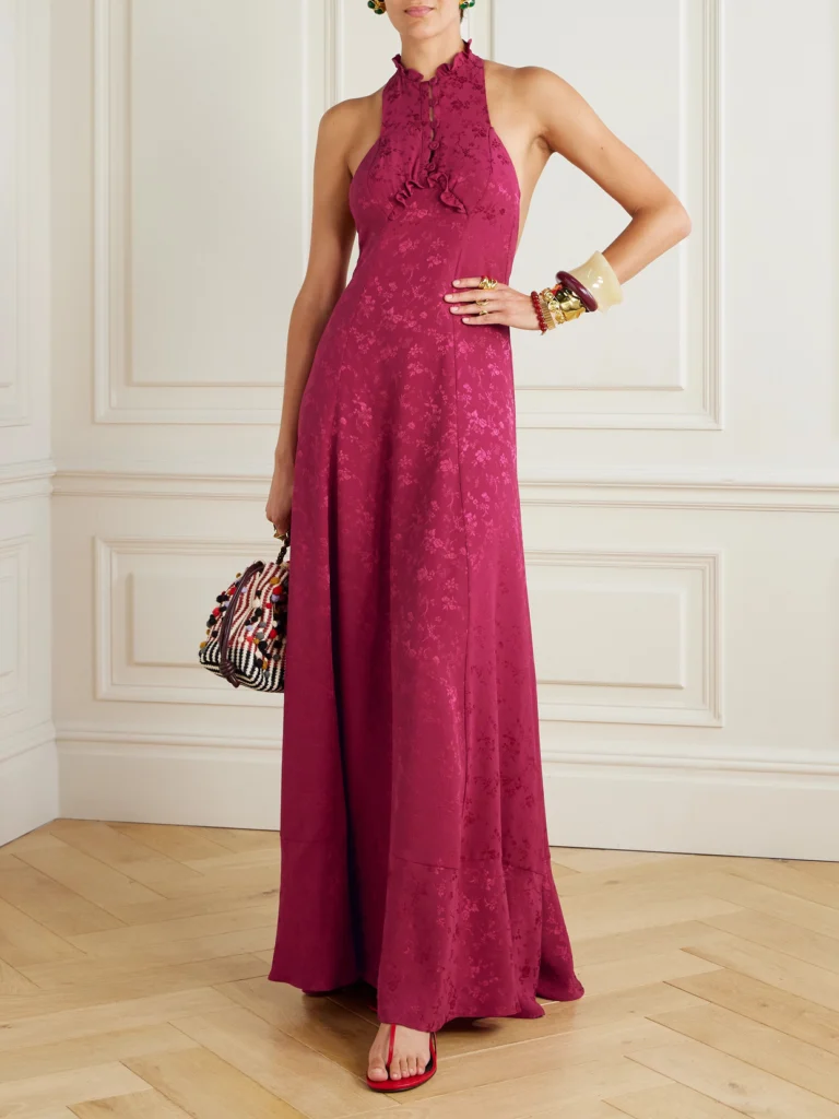 Maison Mayle Valentine Ruffled Silk-jacquard Halterneck Maxi Dress