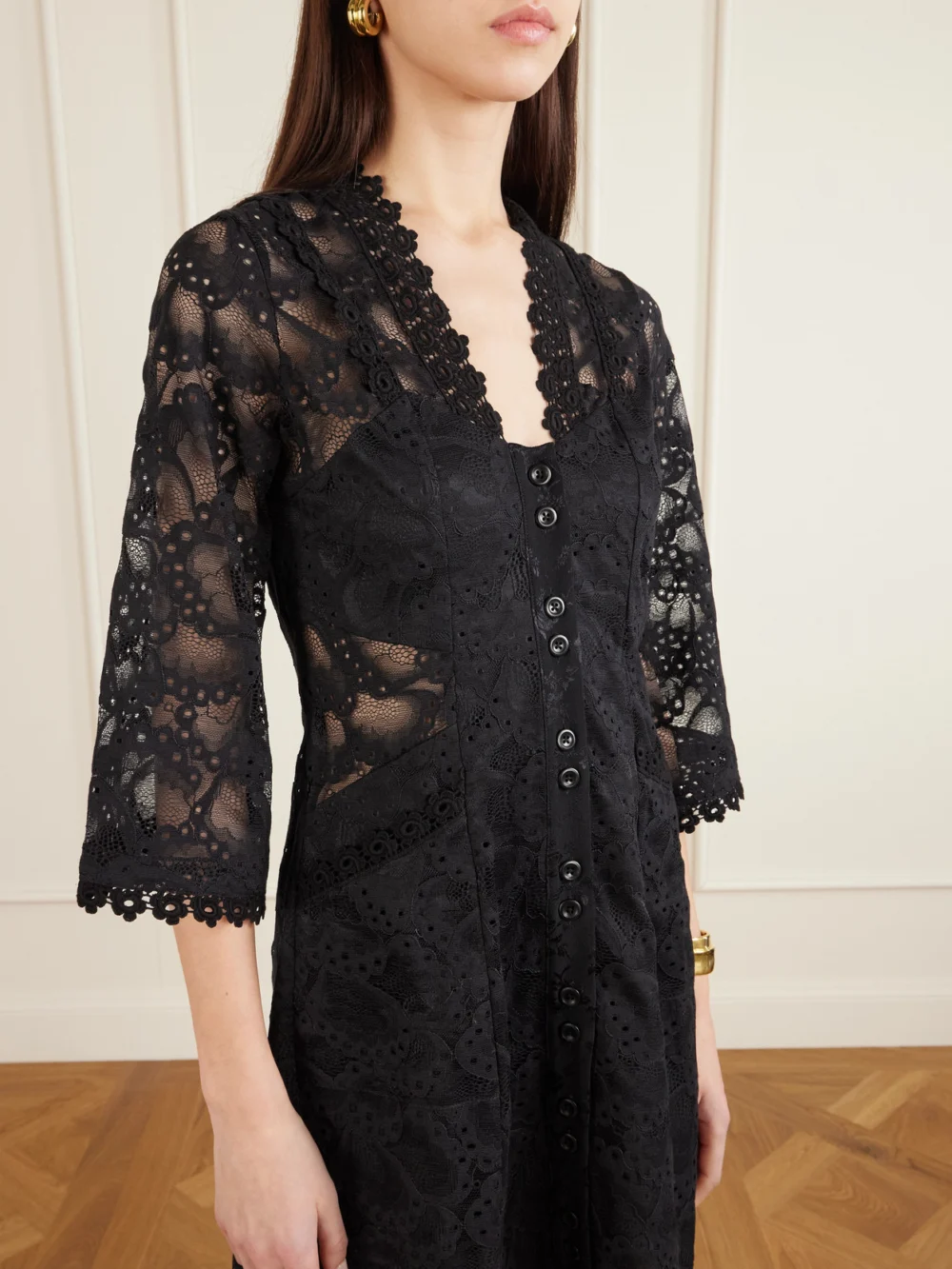 Close-up detail of the Maison Mayle Valesca Paneled Silk-trimmed Cotton-blend Lace Mini Dress
