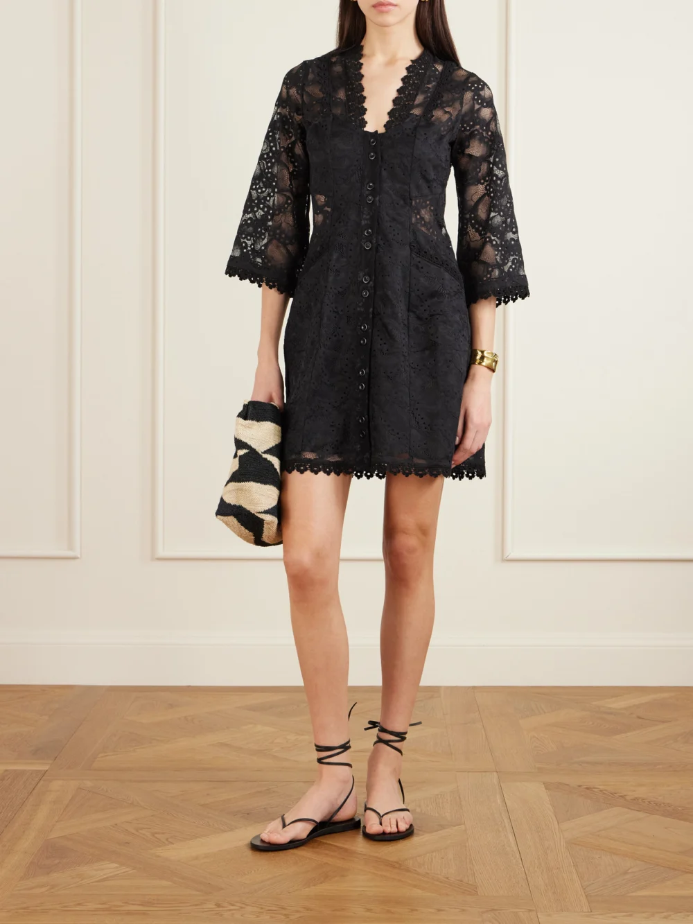 Maison Mayle Valesca Paneled Silk-trimmed Cotton-blend Lace Mini Dress, worn by a model