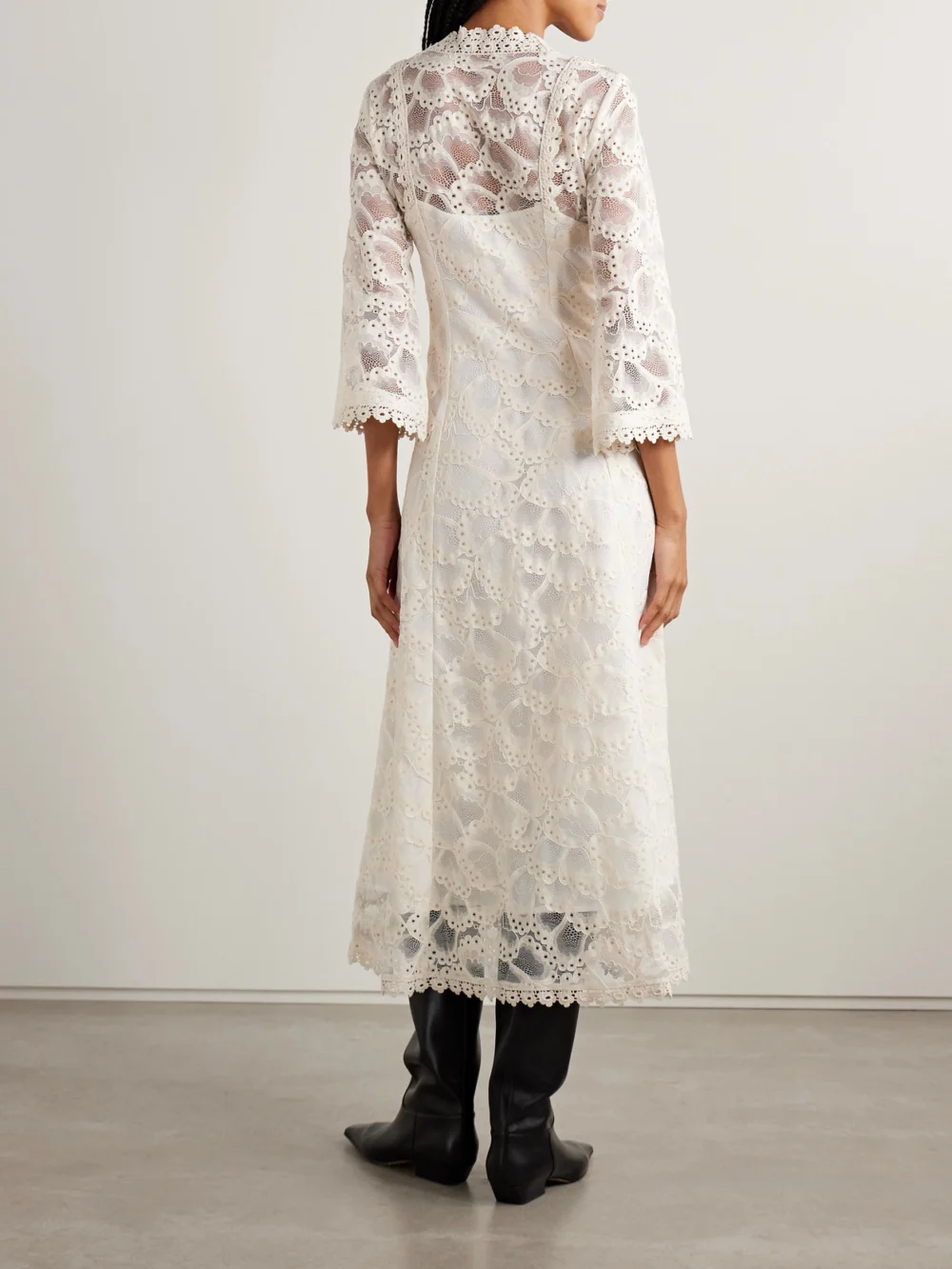 Back view of the Maison Mayle Valesca Silk Jacquard-trimmed Cotton-blend Guipure Lace Midi Dress