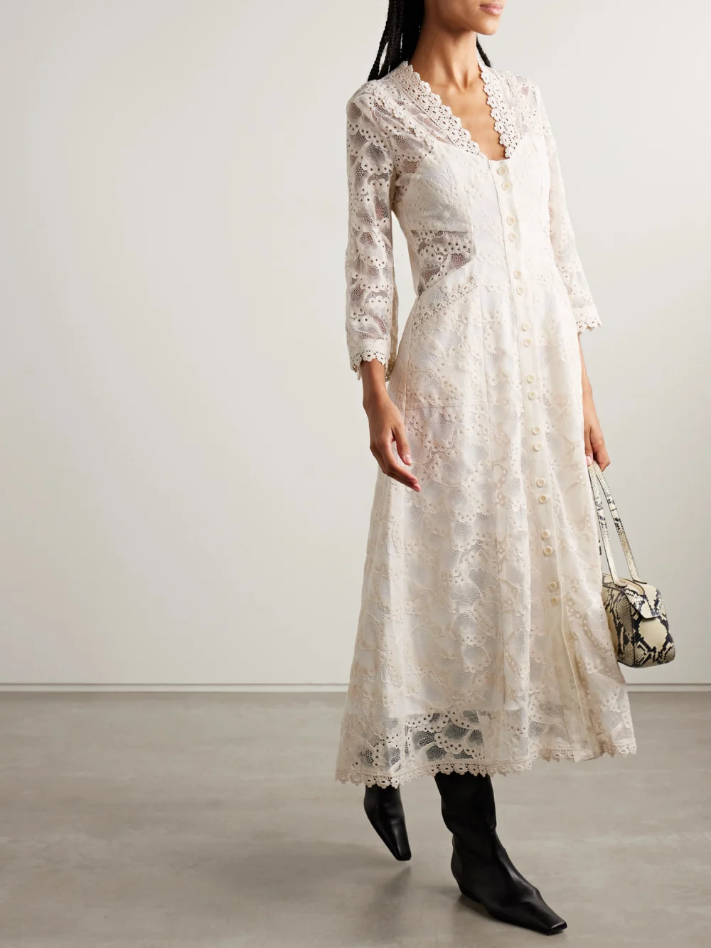 Maison Mayle Valesca Silk Jacquard-trimmed Cotton-blend Guipure Lace Midi Dress, worn by a model