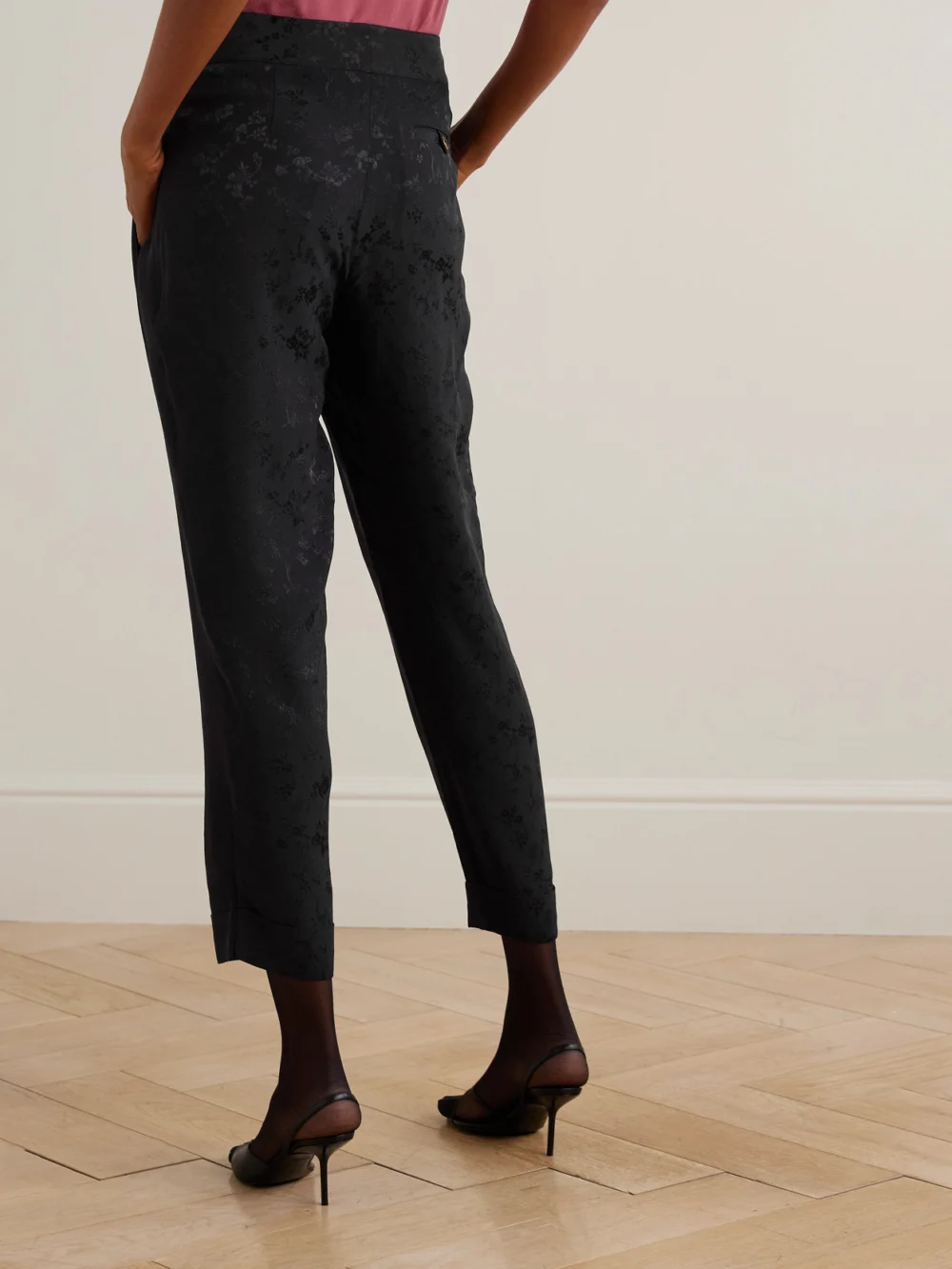 Back view of the Maison Mayle Vali Embellished Pleated Silk-jacquard Tapered Pants
