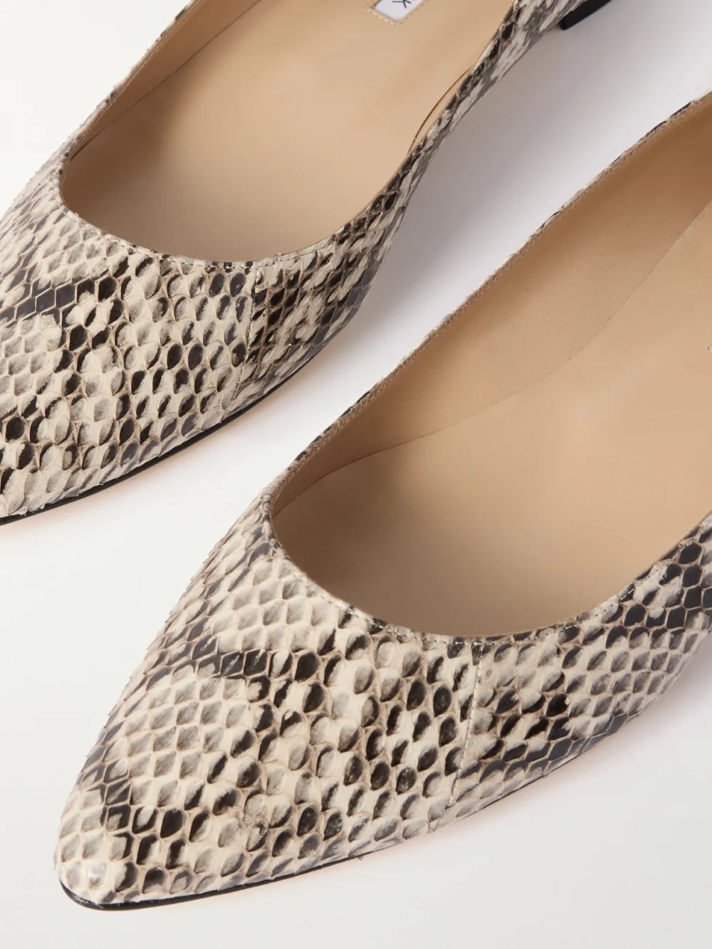 Close-up detail of the Manolo Blahnik Bb 10 Snake-effect Leather Point-toe Flats