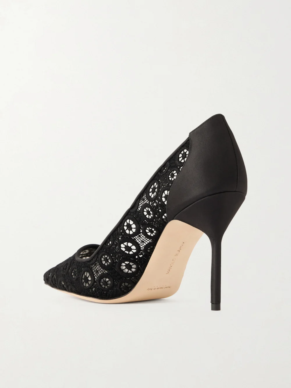 Back view of the Manolo Blahnik Bb 90 Satin-trimmed Lace Pumps