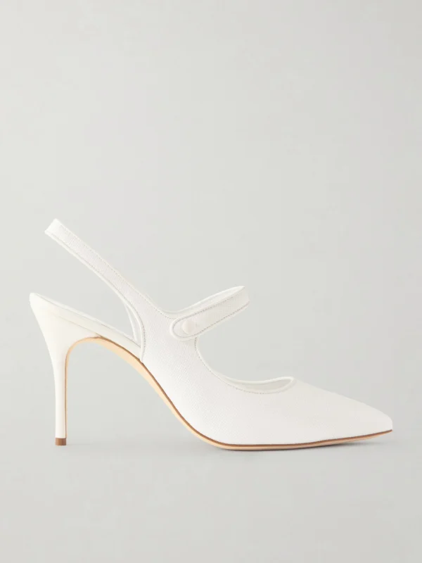 Manolo Blahnik Camparisli 90 Leather-trimmed Raffia Mary Jane Slingback Pumps