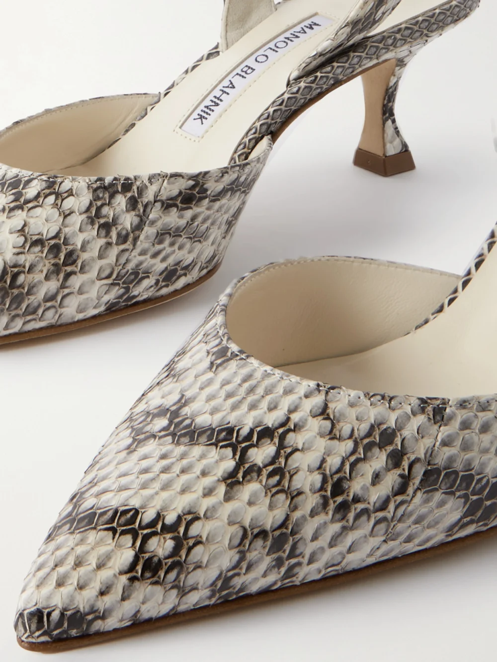 Close-up detail of the Manolo Blahnik Carolyn 50 Elaphe Slingback Pumps