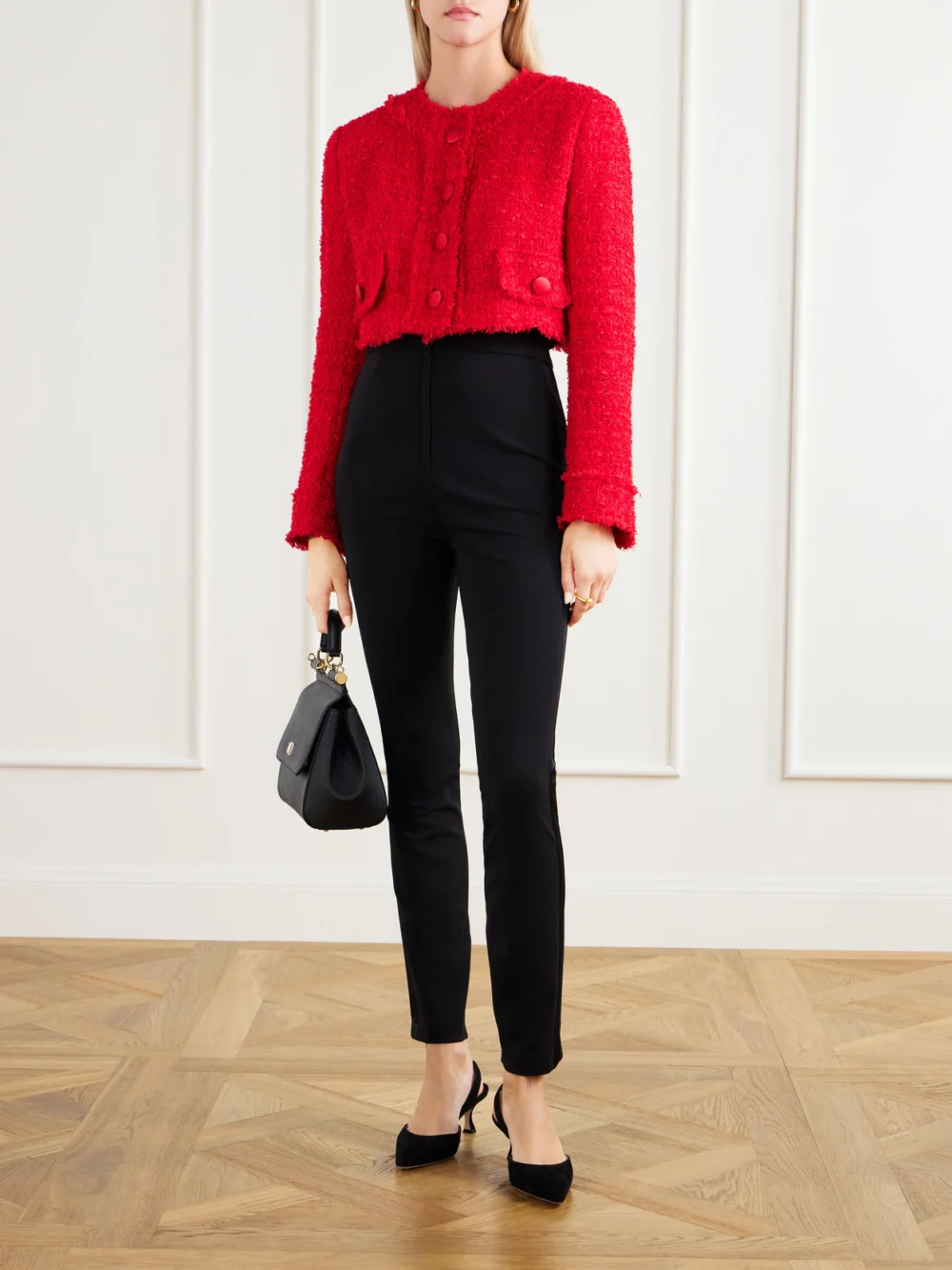 Manolo Blahnik Carolyne 50 Suede Slingback Pumps, styled view