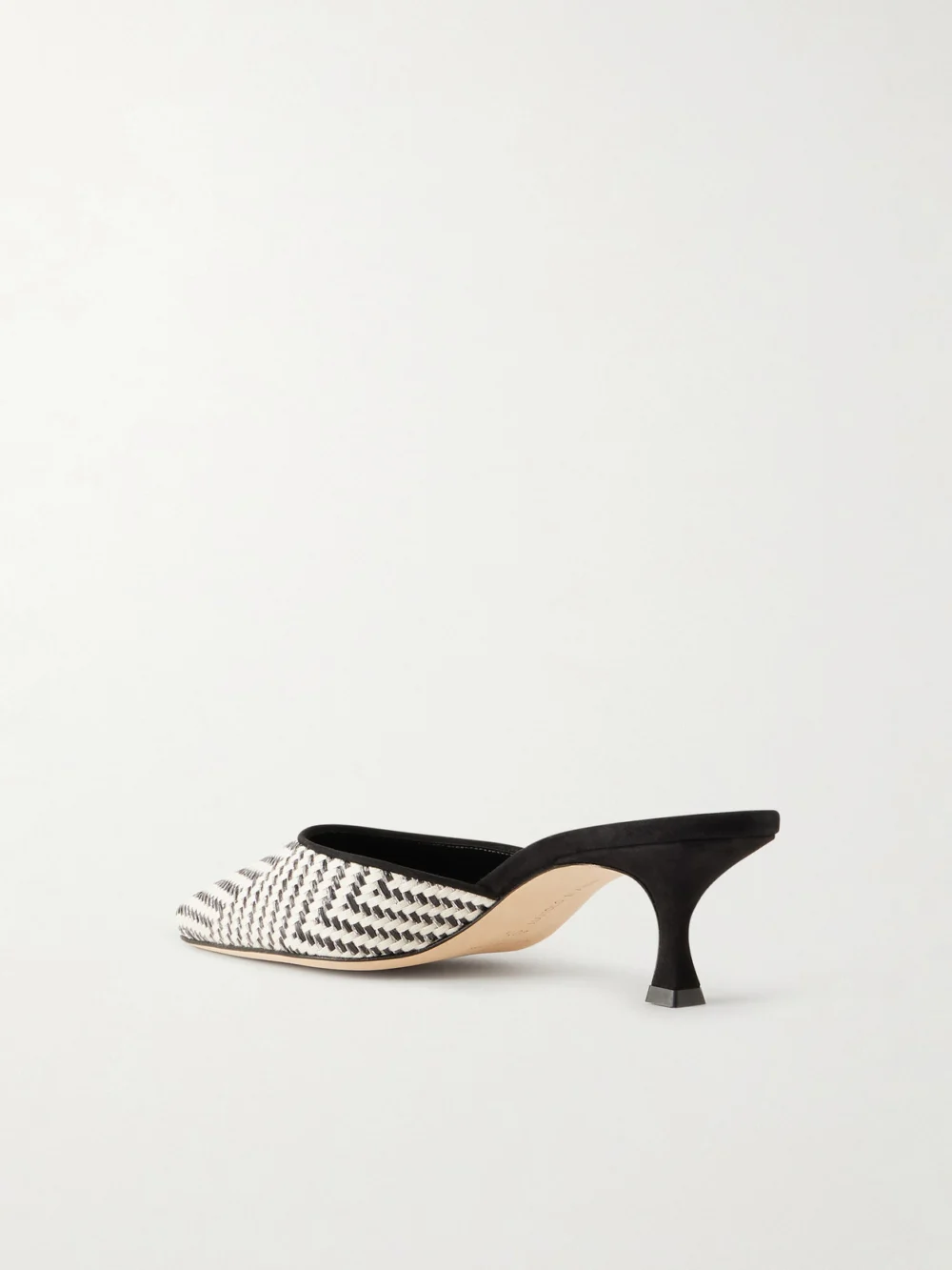 Back view of the Manolo Blahnik Carolyne 50 Suede-trimmed Metallic Woven Raffia Mules