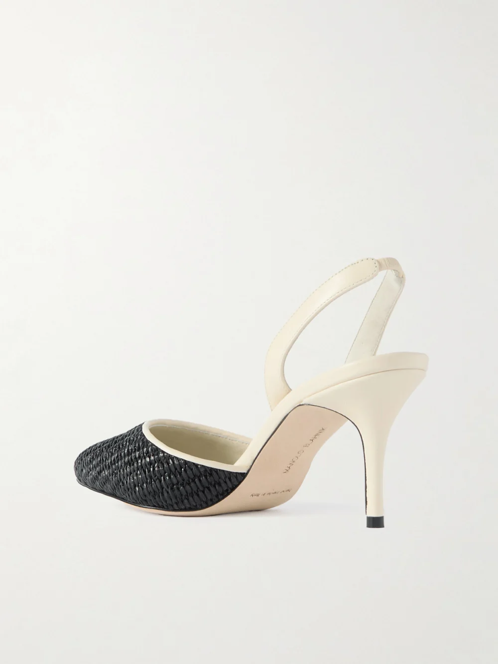 Back view of the Manolo Blahnik Casam 70 Leather and Raffia Slingback Pumps