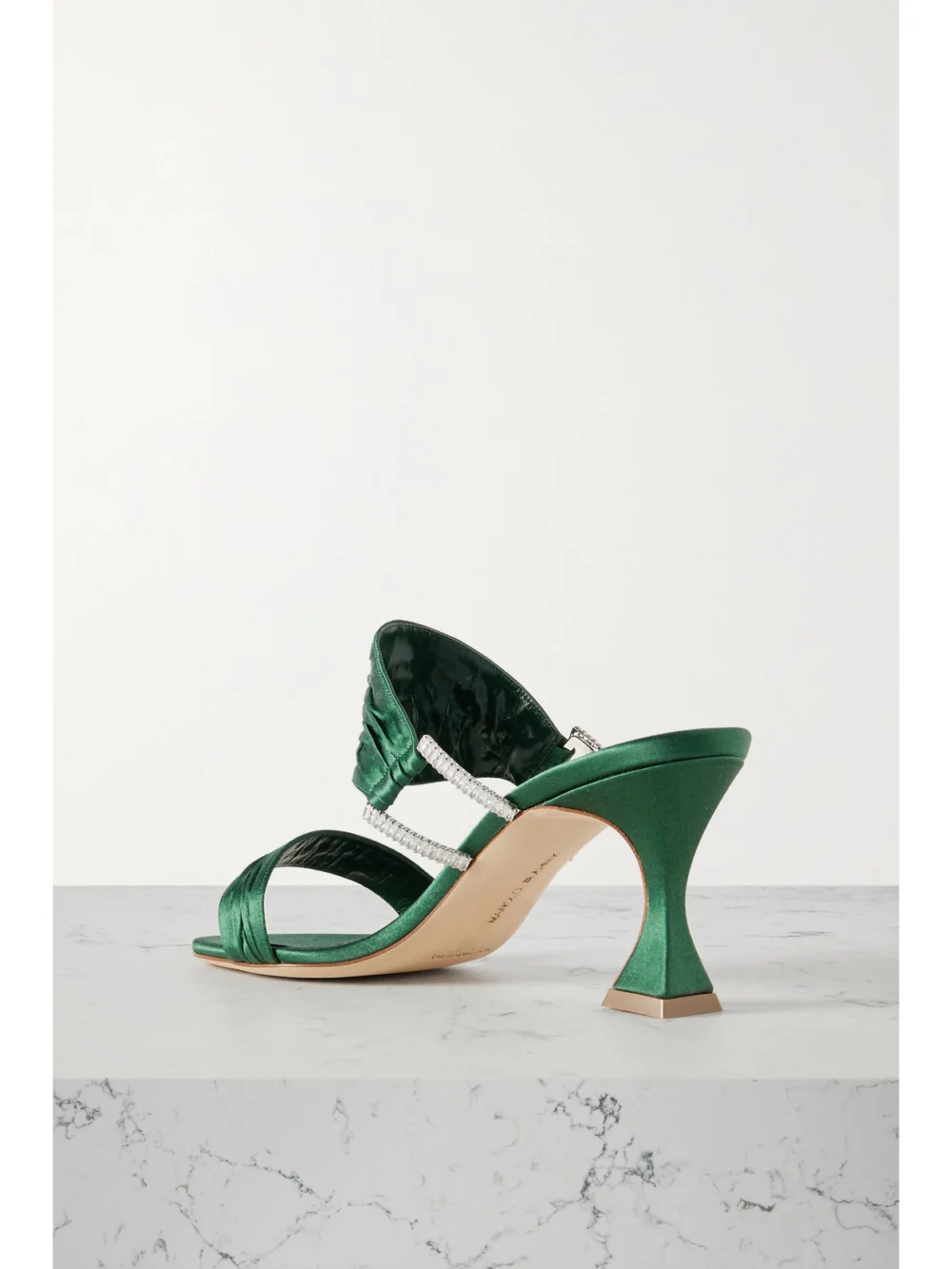 Back view of the Manolo Blahnik Chinap 70 Crystal-embellished Gathered Satin Mules