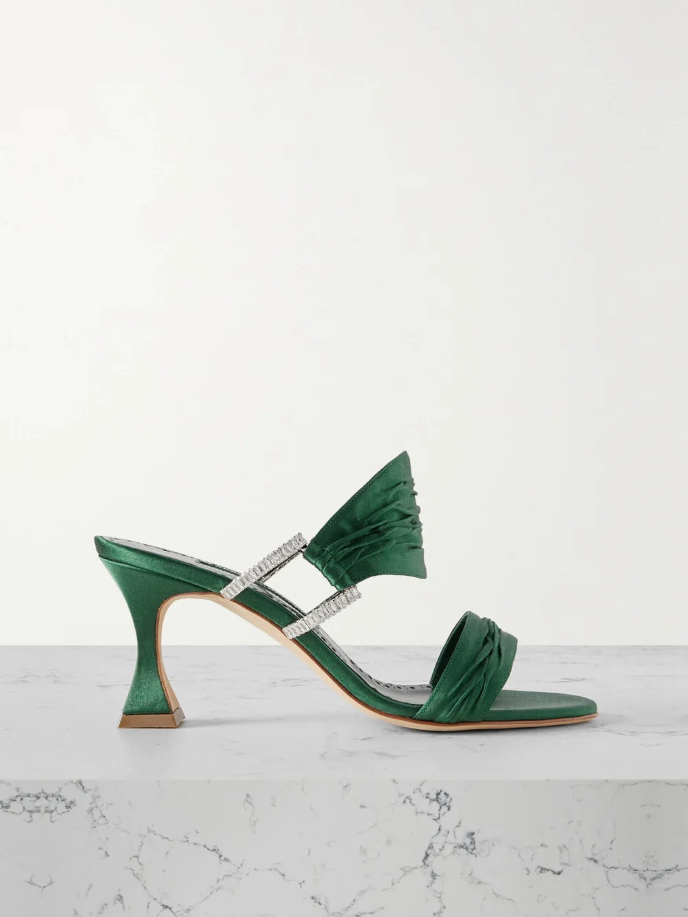 Manolo Blahnik Chinap 70 Crystal-embellished Gathered Satin Mules in dark green
