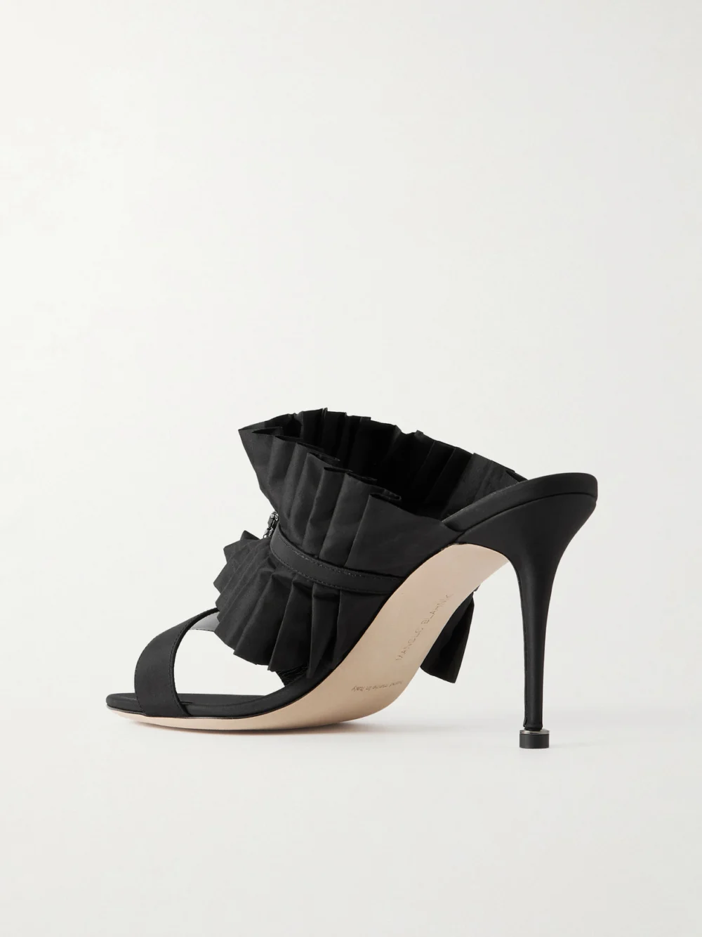 Back view of the Manolo Blahnik Danteuil 90 Embellished Pleated Silk Mules