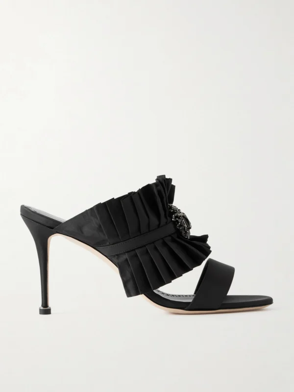 Manolo Blahnik Danteuil 90 Embellished Pleated Silk Mules