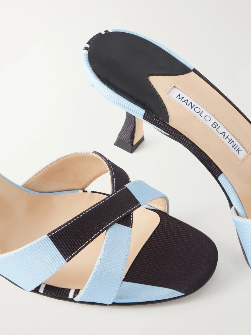 Close-up detail of the Manolo Blahnik + Emilia Wickstead Callamu 50 Striped Grosgrain Mules