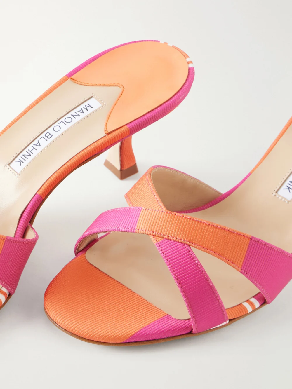 Close-up detail of the Manolo Blahnik + Emilia Wickstead Callamu 50 Striped Grosgrain Mules
