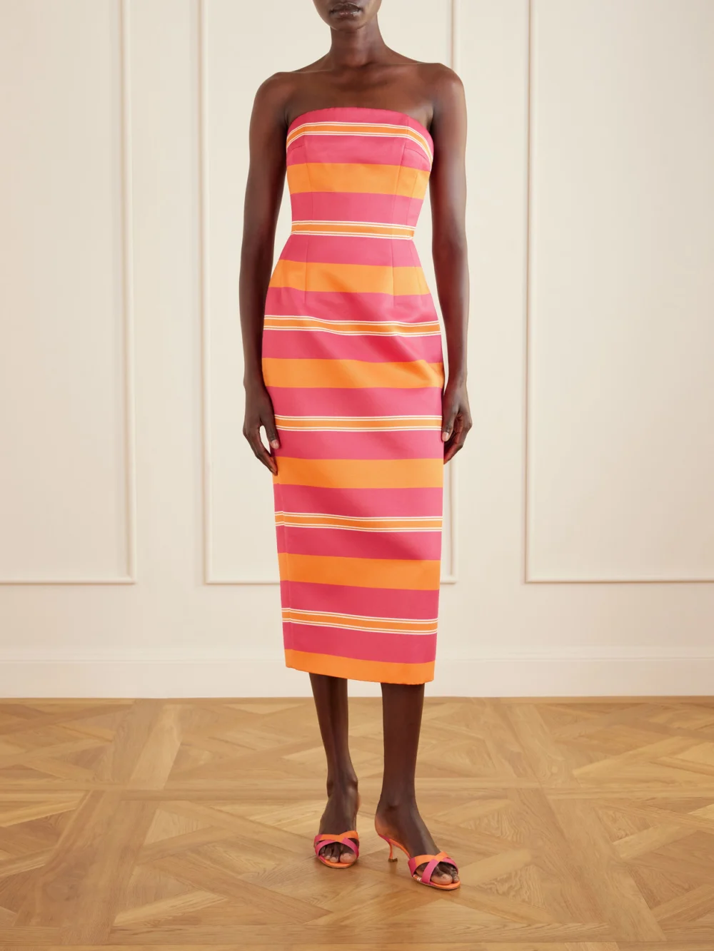 Manolo Blahnik + Emilia Wickstead Callamu 50 Striped Grosgrain Mules, styled view