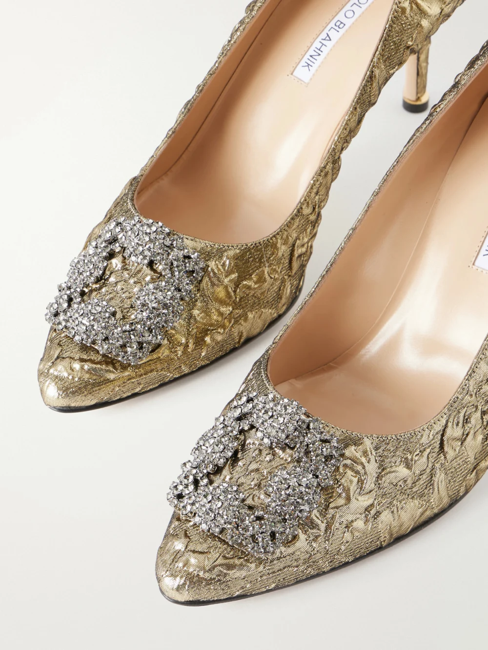 Close-up detail of the Manolo Blahnik + Emilia Wickstead Hangisi 70 Crystal-embellished Metallic Jacquard Pumps
