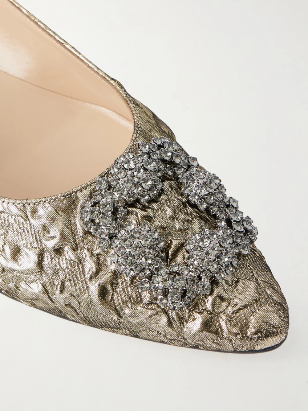 Close-up detail of the Manolo Blahnik + Emilia Wickstead Hangisi Crystal-embellished Metallic Jacquard Ballet Flats