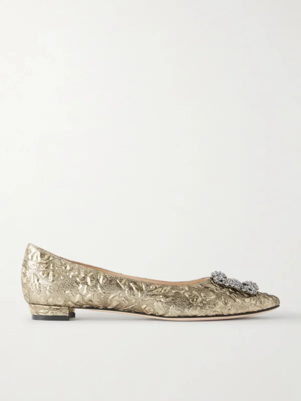 Manolo Blahnik + Emilia Wickstead Hangisi Crystal-embellished Metallic Jacquard Ballet Flats